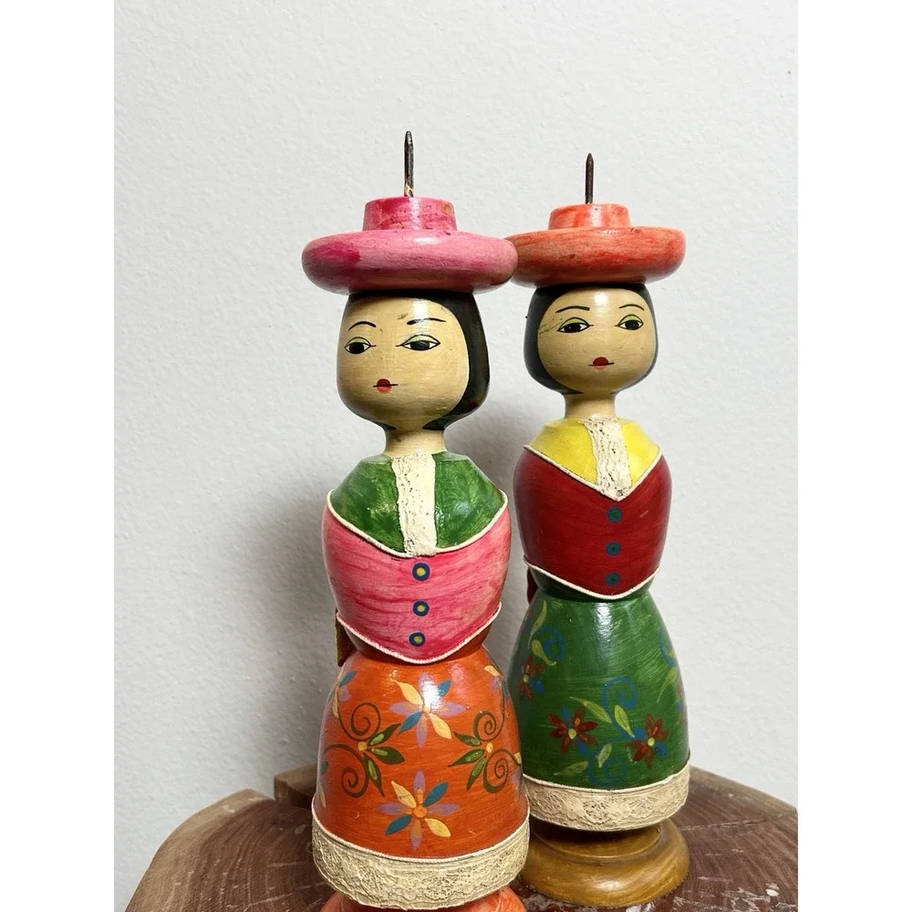 VTG Hand Painted Multicolor‎ Wooden Mexican Folk Art Dolls Candle Holders Set 2